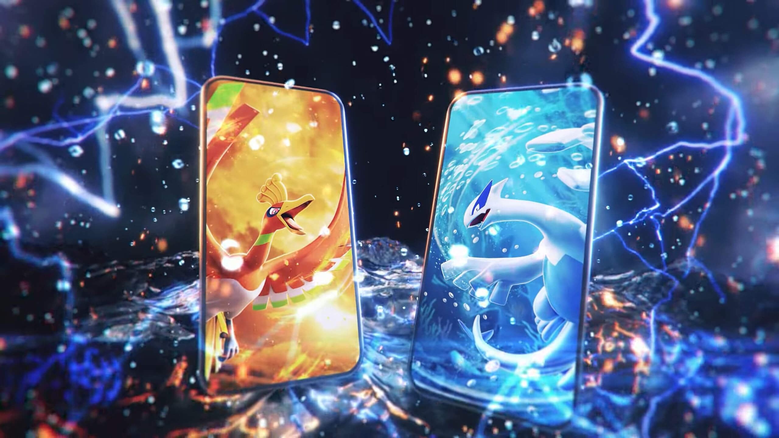Images of Ho-Oh and Lugia on smartphones in a Pokemon TCG Pocket trailer